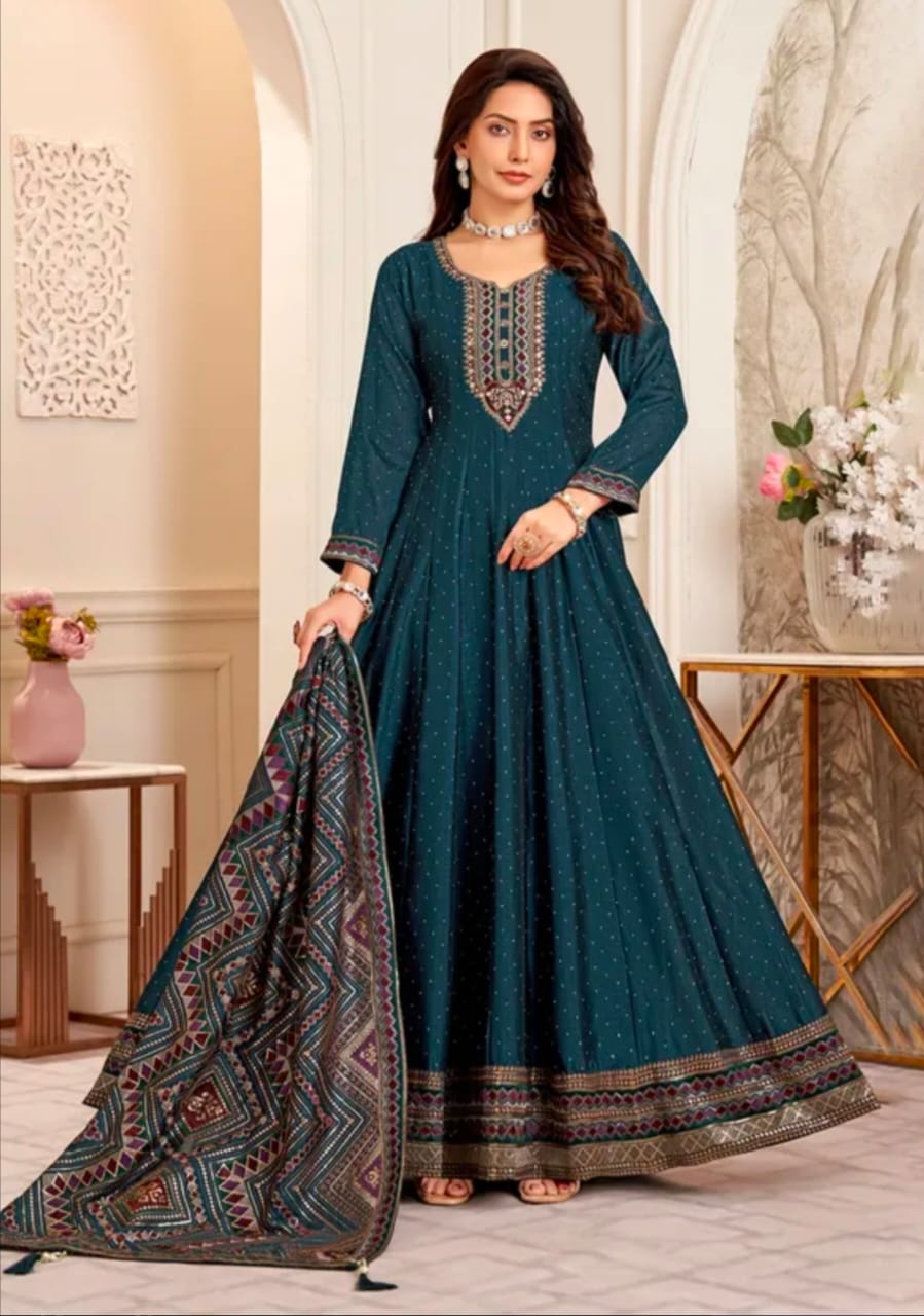 Rama blue silk anarkali suit with dupatta set